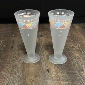 Vtg Pilsner Shape Parfait Satin Glass Confetti Pastel Band‎ France Set of 2